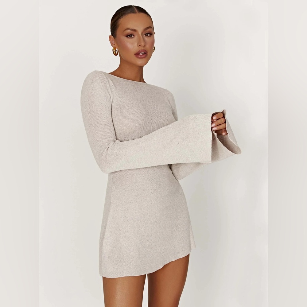 MESHKI Zahra long sleeve open back midi knit dress.